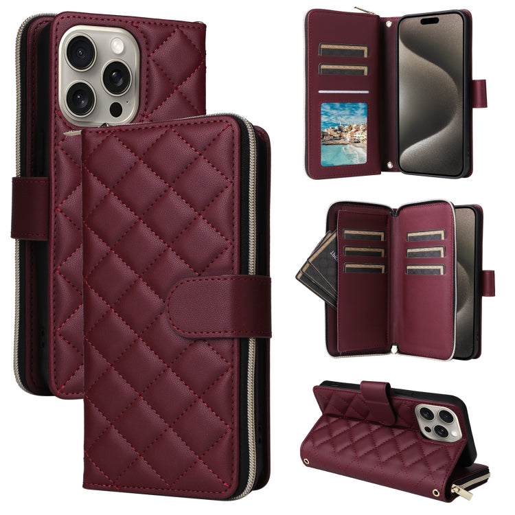 For iPhone 15 Pro Max Crossbody Rhombic Zipper Tower Buckle Leather Phone Case with Lanyard(Wine Red) - iPhone 15 Pro Max Cases by buy2fix | Online Shopping UK | buy2fix