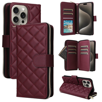 For iPhone 15 Pro Max Crossbody Rhombic Zipper Tower Buckle Leather Phone Case with Lanyard(Wine Red) - iPhone 15 Pro Max Cases by buy2fix | Online Shopping UK | buy2fix