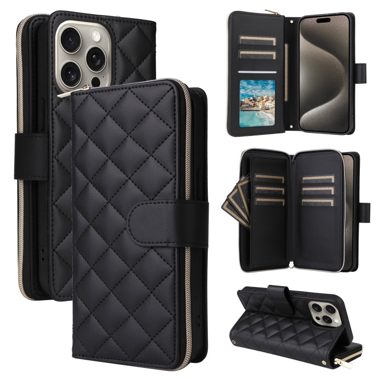 For iPhone 15 Pro Max Crossbody Rhombic Zipper Tower Buckle Leather Phone Case with Lanyard(Black) - iPhone 15 Pro Max Cases by buy2fix | Online Shopping UK | buy2fix