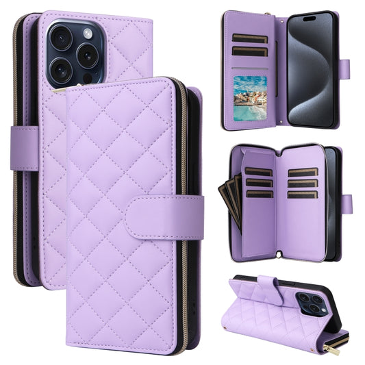 For iPhone 15 Pro Crossbody Rhombic Zipper Tower Buckle Leather Phone Case with Lanyard(Purple) - iPhone 15 Pro Cases by buy2fix | Online Shopping UK | buy2fix