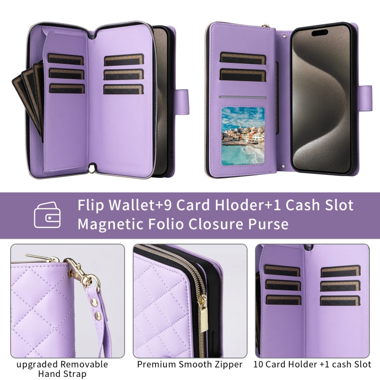 For iPhone 15 Pro Crossbody Rhombic Zipper Tower Buckle Leather Phone Case with Lanyard(Purple) - iPhone 15 Pro Cases by buy2fix | Online Shopping UK | buy2fix