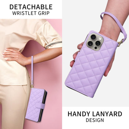 For iPhone 15 Pro Crossbody Rhombic Zipper Tower Buckle Leather Phone Case with Lanyard(Purple) - iPhone 15 Pro Cases by buy2fix | Online Shopping UK | buy2fix
