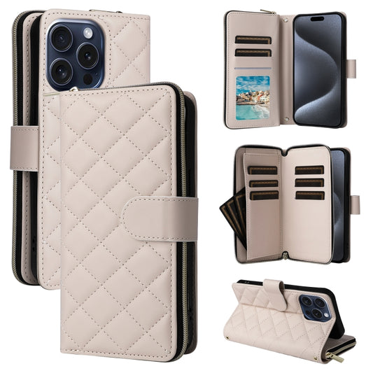 For iPhone 15 Pro Crossbody Rhombic Zipper Tower Buckle Leather Phone Case with Lanyard(Beige) - iPhone 15 Pro Cases by buy2fix | Online Shopping UK | buy2fix