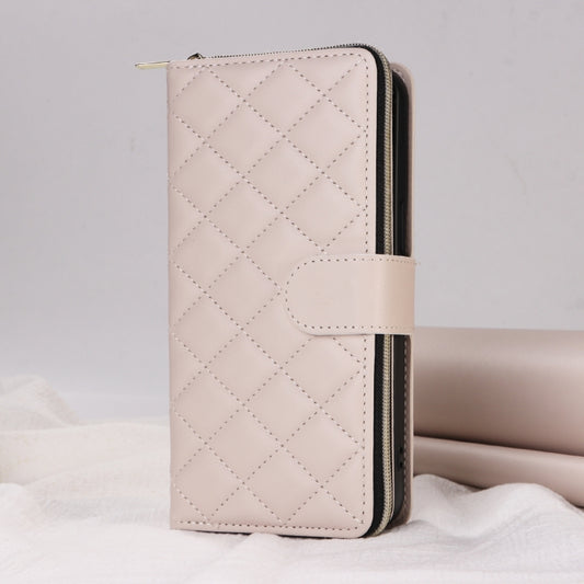 For iPhone 15 Pro Crossbody Rhombic Zipper Tower Buckle Leather Phone Case with Lanyard(Beige) - iPhone 15 Pro Cases by buy2fix | Online Shopping UK | buy2fix