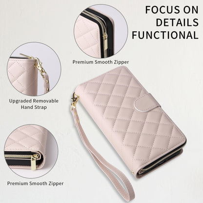 For iPhone 15 Pro Crossbody Rhombic Zipper Tower Buckle Leather Phone Case with Lanyard(Beige) - iPhone 15 Pro Cases by buy2fix | Online Shopping UK | buy2fix