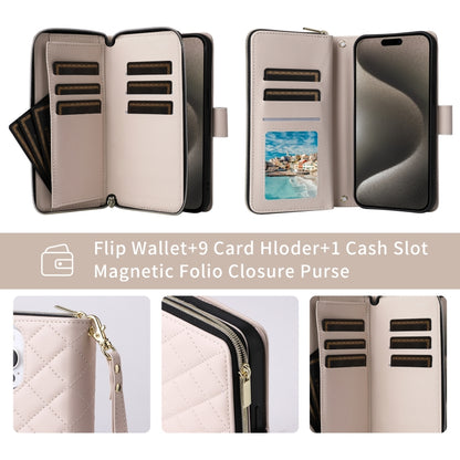 For iPhone 15 Pro Crossbody Rhombic Zipper Tower Buckle Leather Phone Case with Lanyard(Beige) - iPhone 15 Pro Cases by buy2fix | Online Shopping UK | buy2fix