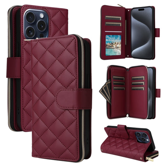 For iPhone 15 Pro Crossbody Rhombic Zipper Tower Buckle Leather Phone Case with Lanyard(Wine Red) - iPhone 15 Pro Cases by buy2fix | Online Shopping UK | buy2fix