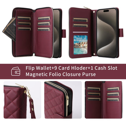 For iPhone 15 Pro Crossbody Rhombic Zipper Tower Buckle Leather Phone Case with Lanyard(Wine Red) - iPhone 15 Pro Cases by buy2fix | Online Shopping UK | buy2fix