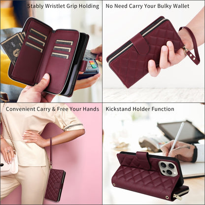 For iPhone 15 Pro Crossbody Rhombic Zipper Tower Buckle Leather Phone Case with Lanyard(Wine Red) - iPhone 15 Pro Cases by buy2fix | Online Shopping UK | buy2fix