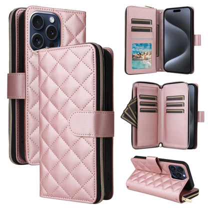 For iPhone 15 Pro Crossbody Rhombic Zipper Tower Buckle Leather Phone Case with Lanyard(Rose Gold) - iPhone 15 Pro Cases by buy2fix | Online Shopping UK | buy2fix