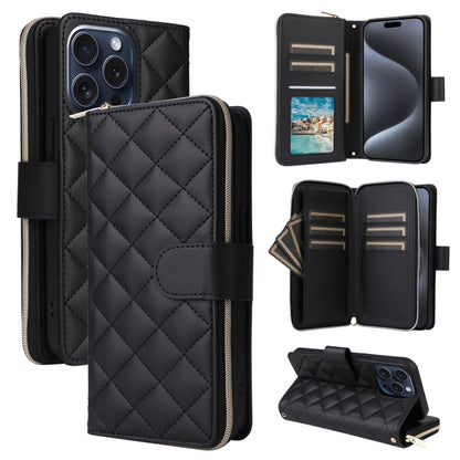 For iPhone 15 Pro Crossbody Rhombic Zipper Tower Buckle Leather Phone Case with Lanyard(Black) - iPhone 15 Pro Cases by buy2fix | Online Shopping UK | buy2fix