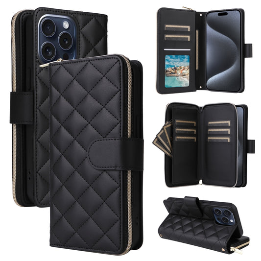 For iPhone 15 Pro Crossbody Rhombic Zipper Tower Buckle Leather Phone Case with Lanyard(Black) - iPhone 15 Pro Cases by buy2fix | Online Shopping UK | buy2fix