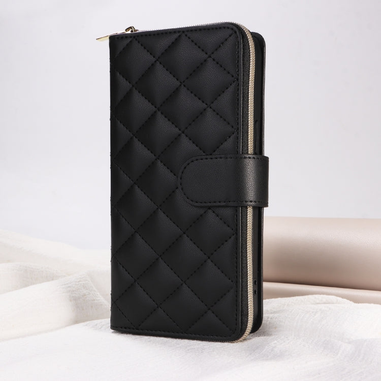 For iPhone 15 Pro Crossbody Rhombic Zipper Tower Buckle Leather Phone Case with Lanyard(Black) - iPhone 15 Pro Cases by buy2fix | Online Shopping UK | buy2fix