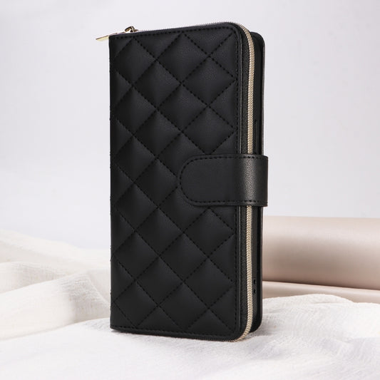For iPhone 15 Pro Crossbody Rhombic Zipper Tower Buckle Leather Phone Case with Lanyard(Black) - iPhone 15 Pro Cases by buy2fix | Online Shopping UK | buy2fix