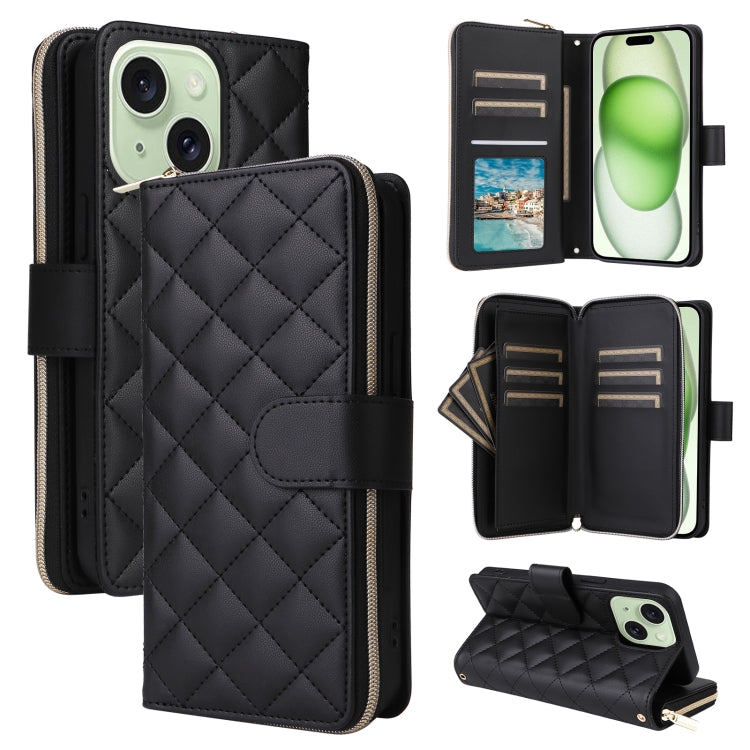 For iPhone 15 Plus / 14 Plus Crossbody Rhombic Zipper Tower Buckle Leather Phone Case with Lanyard(Black) - iPhone 15 Plus Cases by buy2fix | Online Shopping UK | buy2fix