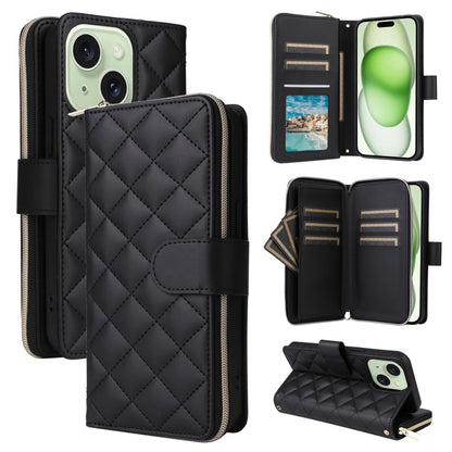 For iPhone 15 Plus / 14 Plus Crossbody Rhombic Zipper Tower Buckle Leather Phone Case with Lanyard(Black) - iPhone 15 Plus Cases by buy2fix | Online Shopping UK | buy2fix