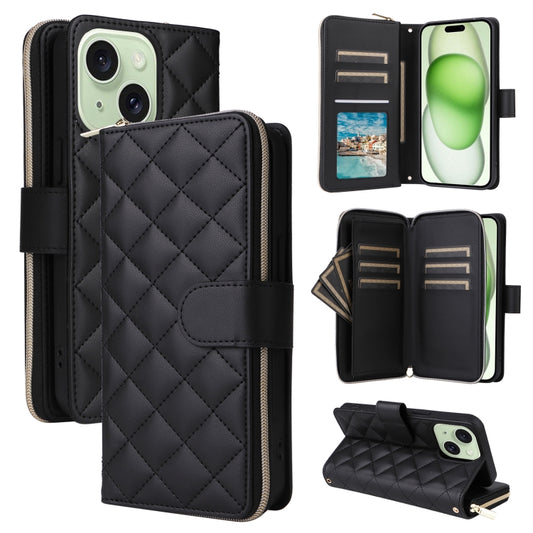 For iPhone 15 Plus / 14 Plus Crossbody Rhombic Zipper Tower Buckle Leather Phone Case with Lanyard(Black) - iPhone 15 Plus Cases by buy2fix | Online Shopping UK | buy2fix