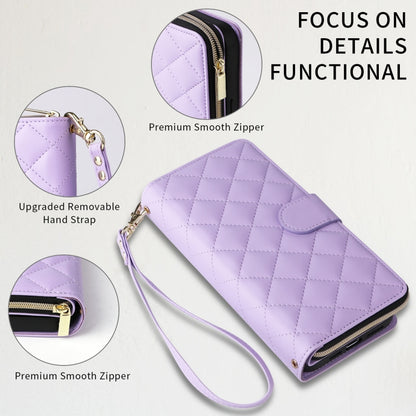 For iPhone 15 Crossbody Rhombic Zipper Tower Buckle Leather Phone Case with Lanyard(Purple) - iPhone 15 Pro Cases by buy2fix | Online Shopping UK | buy2fix
