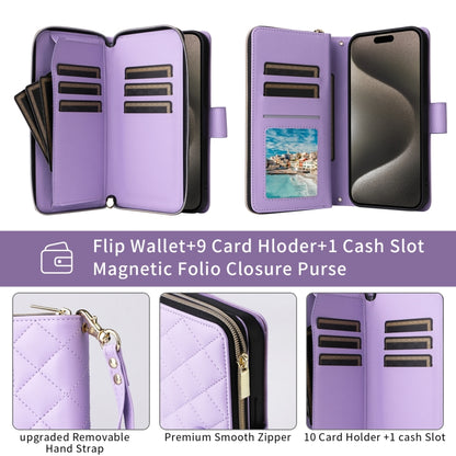 For iPhone 15 Crossbody Rhombic Zipper Tower Buckle Leather Phone Case with Lanyard(Purple) - iPhone 15 Pro Cases by buy2fix | Online Shopping UK | buy2fix