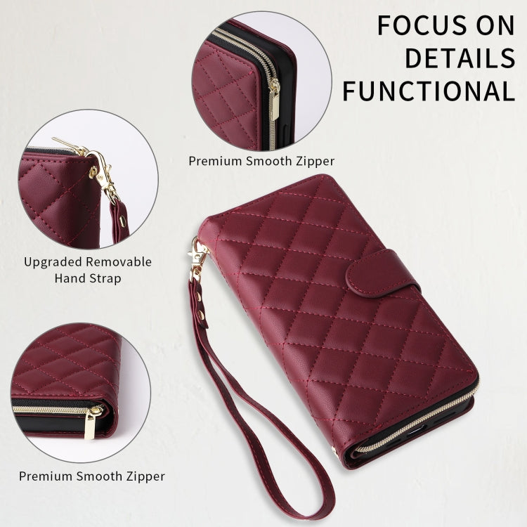 For iPhone 15 Crossbody Rhombic Zipper Tower Buckle Leather Phone Case with Lanyard(Wine Red) - iPhone 15 Pro Cases by buy2fix | Online Shopping UK | buy2fix
