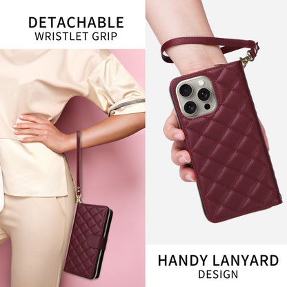 For iPhone 15 Crossbody Rhombic Zipper Tower Buckle Leather Phone Case with Lanyard(Wine Red) - iPhone 15 Pro Cases by buy2fix | Online Shopping UK | buy2fix