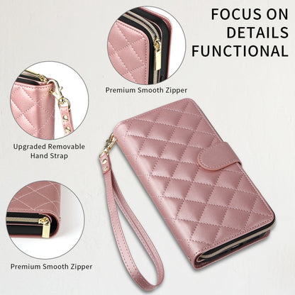 For iPhone 15 Crossbody Rhombic Zipper Tower Buckle Leather Phone Case with Lanyard(Rose Gold) - iPhone 15 Pro Cases by buy2fix | Online Shopping UK | buy2fix