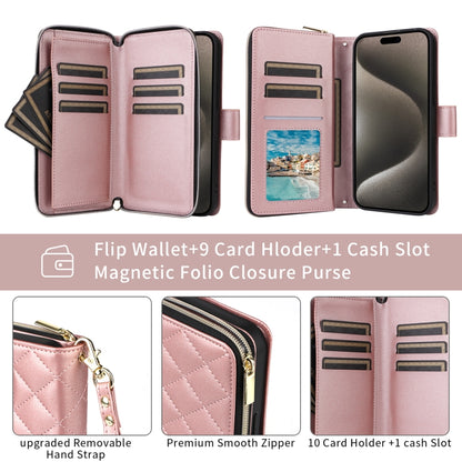 For iPhone 15 Crossbody Rhombic Zipper Tower Buckle Leather Phone Case with Lanyard(Rose Gold) - iPhone 15 Pro Cases by buy2fix | Online Shopping UK | buy2fix