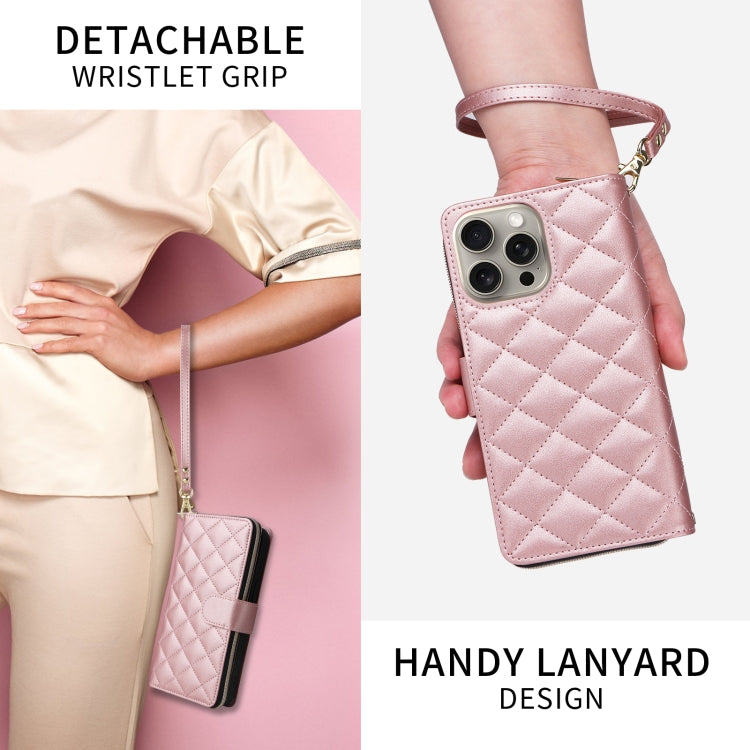 For iPhone 15 Crossbody Rhombic Zipper Tower Buckle Leather Phone Case with Lanyard(Rose Gold) - iPhone 15 Pro Cases by buy2fix | Online Shopping UK | buy2fix