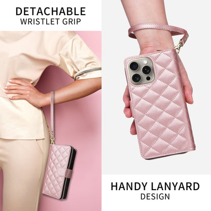 For iPhone 15 Crossbody Rhombic Zipper Tower Buckle Leather Phone Case with Lanyard(Rose Gold) - iPhone 15 Pro Cases by buy2fix | Online Shopping UK | buy2fix