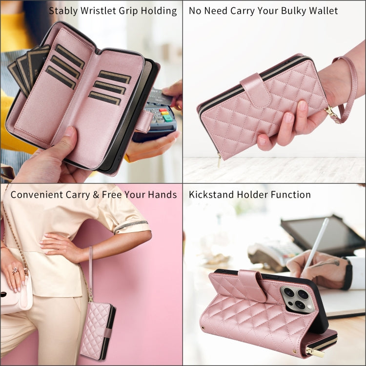For iPhone 15 Crossbody Rhombic Zipper Tower Buckle Leather Phone Case with Lanyard(Rose Gold) - iPhone 15 Pro Cases by buy2fix | Online Shopping UK | buy2fix