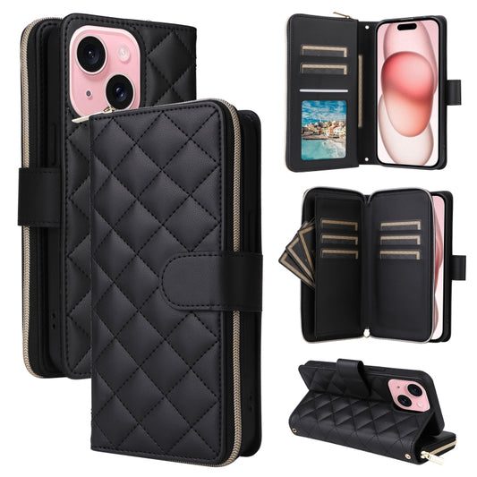 For iPhone 15 Crossbody Rhombic Zipper Tower Buckle Leather Phone Case with Lanyard(Black) - iPhone 15 Pro Cases by buy2fix | Online Shopping UK | buy2fix
