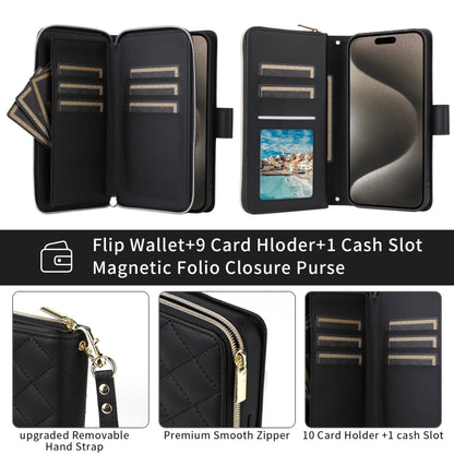 For iPhone 15 Crossbody Rhombic Zipper Tower Buckle Leather Phone Case with Lanyard(Black) - iPhone 15 Pro Cases by buy2fix | Online Shopping UK | buy2fix