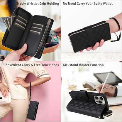 For iPhone 15 Crossbody Rhombic Zipper Tower Buckle Leather Phone Case with Lanyard(Black) - iPhone 15 Pro Cases by buy2fix | Online Shopping UK | buy2fix
