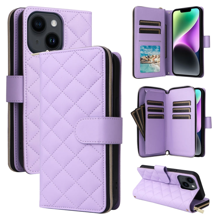 For iPhone 14 / 13 Crossbody Rhombic Zipper Tower Buckle Leather Phone Case with Lanyard(Purple) - iPhone 14 Cases by buy2fix | Online Shopping UK | buy2fix