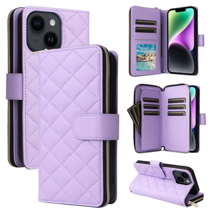 For iPhone 14 / 13 Crossbody Rhombic Zipper Tower Buckle Leather Phone Case with Lanyard(Purple) - iPhone 14 Cases by buy2fix | Online Shopping UK | buy2fix