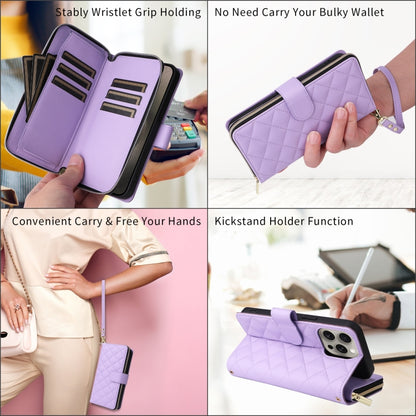 For iPhone 14 / 13 Crossbody Rhombic Zipper Tower Buckle Leather Phone Case with Lanyard(Purple) - iPhone 14 Cases by buy2fix | Online Shopping UK | buy2fix