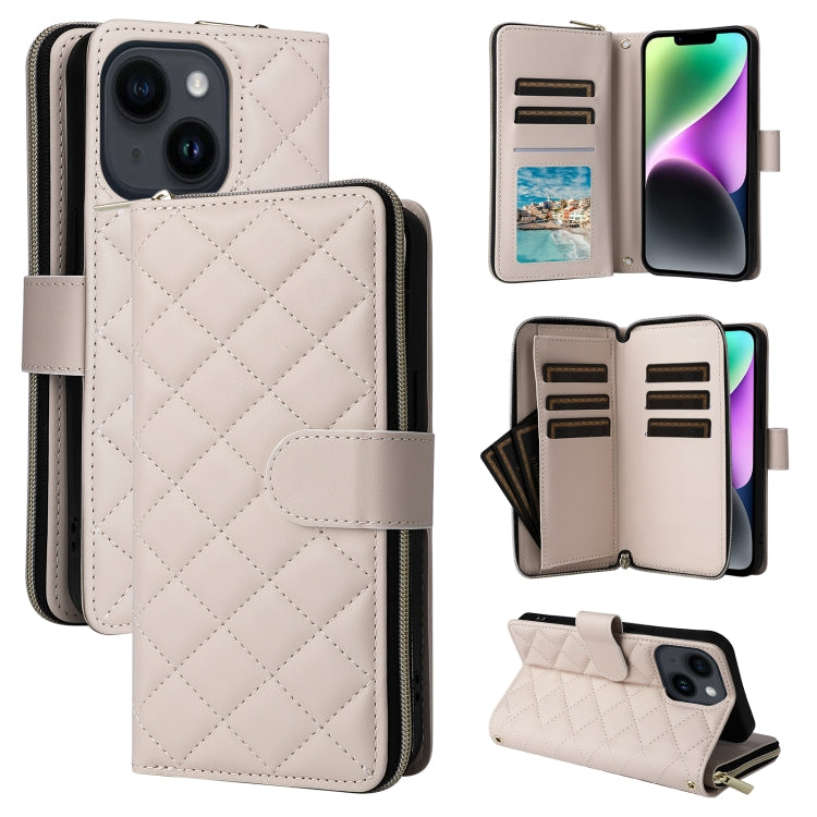 For iPhone 14 / 13 Crossbody Rhombic Zipper Tower Buckle Leather Phone Case with Lanyard(Beige) - iPhone 14 Cases by buy2fix | Online Shopping UK | buy2fix
