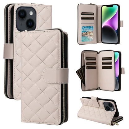 For iPhone 14 / 13 Crossbody Rhombic Zipper Tower Buckle Leather Phone Case with Lanyard(Beige) - iPhone 14 Cases by buy2fix | Online Shopping UK | buy2fix