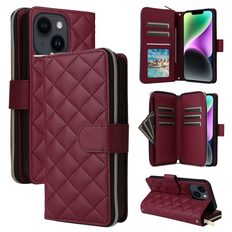 For iPhone 14 / 13 Crossbody Rhombic Zipper Tower Buckle Leather Phone Case with Lanyard(Wine Red) - iPhone 14 Cases by buy2fix | Online Shopping UK | buy2fix
