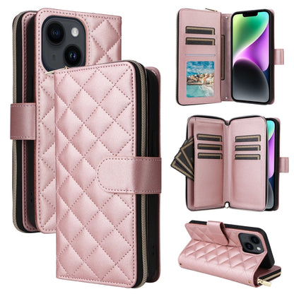 For iPhone 14 / 13 Crossbody Rhombic Zipper Tower Buckle Leather Phone Case with Lanyard(Rose Gold) - iPhone 14 Cases by buy2fix | Online Shopping UK | buy2fix