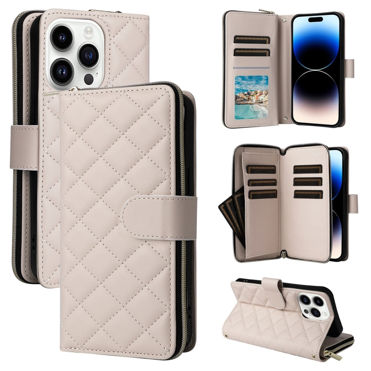 For iPhone 14 Pro Crossbody Rhombic Zipper Tower Buckle Leather Phone Case with Lanyard(Beige) - iPhone 14 Pro Cases by buy2fix | Online Shopping UK | buy2fix