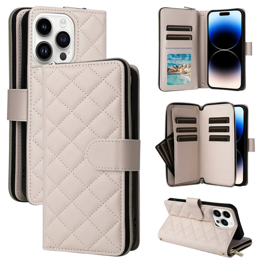 For iPhone 14 Pro Crossbody Rhombic Zipper Tower Buckle Leather Phone Case with Lanyard(Beige) - iPhone 14 Pro Cases by buy2fix | Online Shopping UK | buy2fix