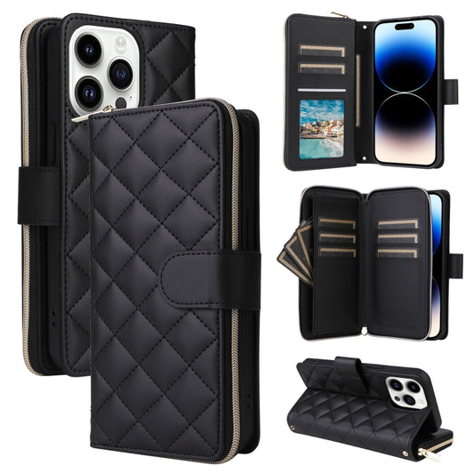 For iPhone 14 Pro Crossbody Rhombic Zipper Tower Buckle Leather Phone Case with Lanyard(Black) - iPhone 14 Pro Cases by buy2fix | Online Shopping UK | buy2fix