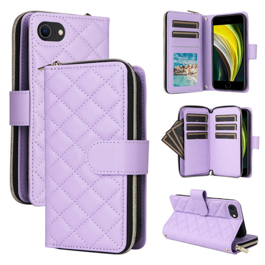 For iPhone SE 2022 / SE 2020 / 8 Crossbody Rhombic Zipper Tower Buckle Leather Phone Case with Lanyard(Purple) - iPhone SE 2022 / 2020 / 8 / 7 Cases by buy2fix | Online Shopping UK | buy2fix