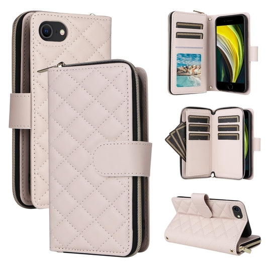 For iPhone SE 2022 / 2020 / 8 / 7 Crossbody Rhombic Zipper Tower Buckle Leather Phone Case with Lanyard(Beige) - iPhone SE 2022 / 2020 / 8 / 7 Cases by buy2fix | Online Shopping UK | buy2fix