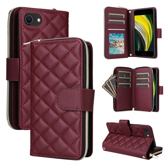 For iPhone SE 2022 / SE 2020 / 8 Crossbody Rhombic Zipper Tower Buckle Leather Phone Case with Lanyard(Wine Red) - iPhone SE 2022 / 2020 / 8 / 7 Cases by buy2fix | Online Shopping UK | buy2fix