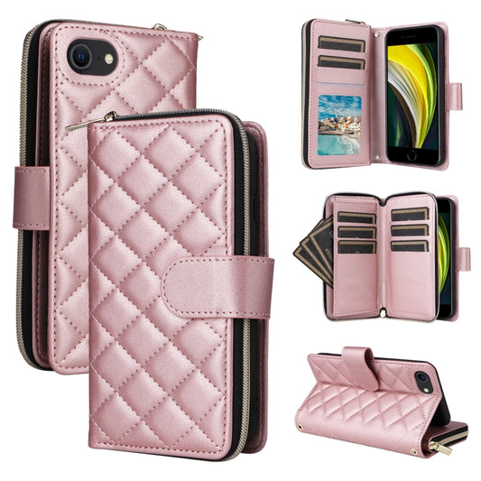 For iPhone SE 2022 / 2020 / 8 / 7 Crossbody Rhombic Zipper Tower Buckle Leather Phone Case with Lanyard(Rose Gold) - iPhone SE 2022 / 2020 / 8 / 7 Cases by buy2fix | Online Shopping UK | buy2fix