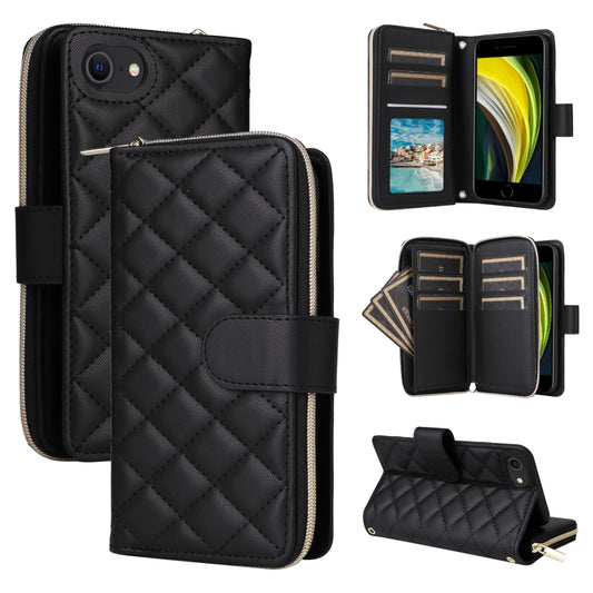 For iPhone SE 2022 / SE 2020 / 8 Crossbody Rhombic Zipper Tower Buckle Leather Phone Case with Lanyard(Black) - iPhone SE 2022 / 2020 / 8 / 7 Cases by buy2fix | Online Shopping UK | buy2fix