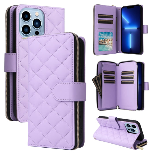 For iPhone 13 Pro Max Crossbody Rhombic Zipper Tower Buckle Leather Phone Case with Lanyard(Purple) - iPhone 13 Pro Max Cases by buy2fix | Online Shopping UK | buy2fix