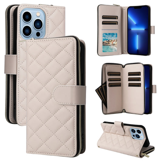 For iPhone 13 Pro Max Crossbody Rhombic Zipper Tower Buckle Leather Phone Case with Lanyard(Beige) - iPhone 13 Pro Max Cases by buy2fix | Online Shopping UK | buy2fix